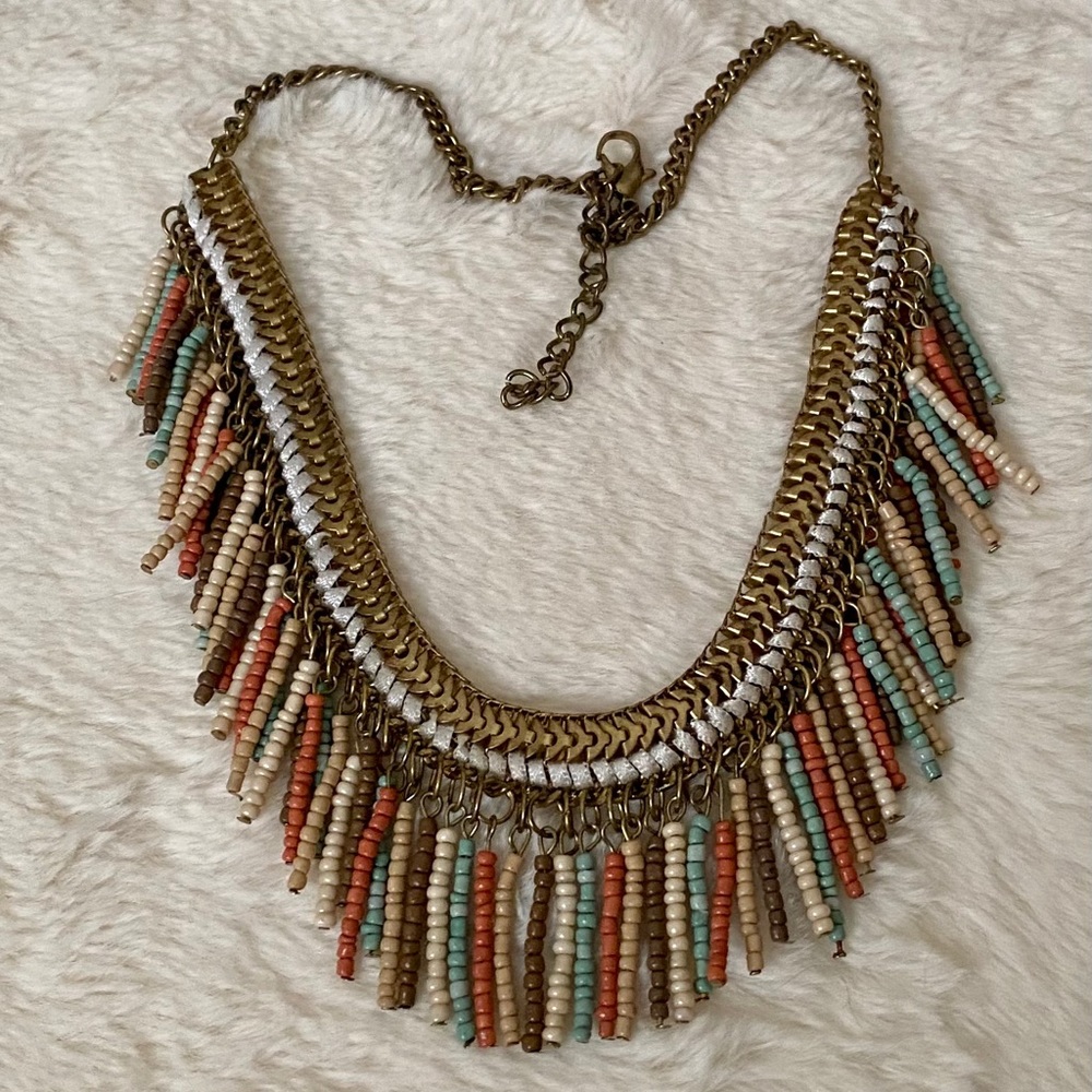 Coral, mint and tan fringe necklace